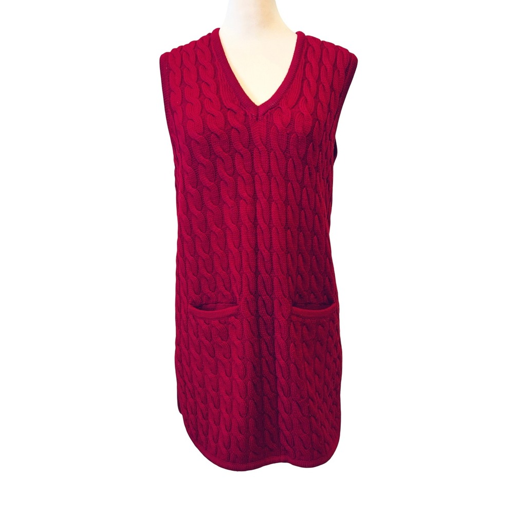 VTG Rosanna Sweater Vest Tunic Sz 38/S Red Cable Knit Wool Hand Made Preppy Twee